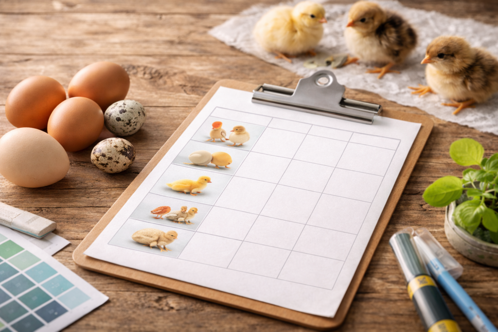Tabla visual de incubación por especie con huevos y pollitos en mesa de trabajo