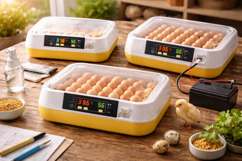 Tres incubadoras automáticas de distinta capacidad con huevos en bandejas sobre mesa de trabajo