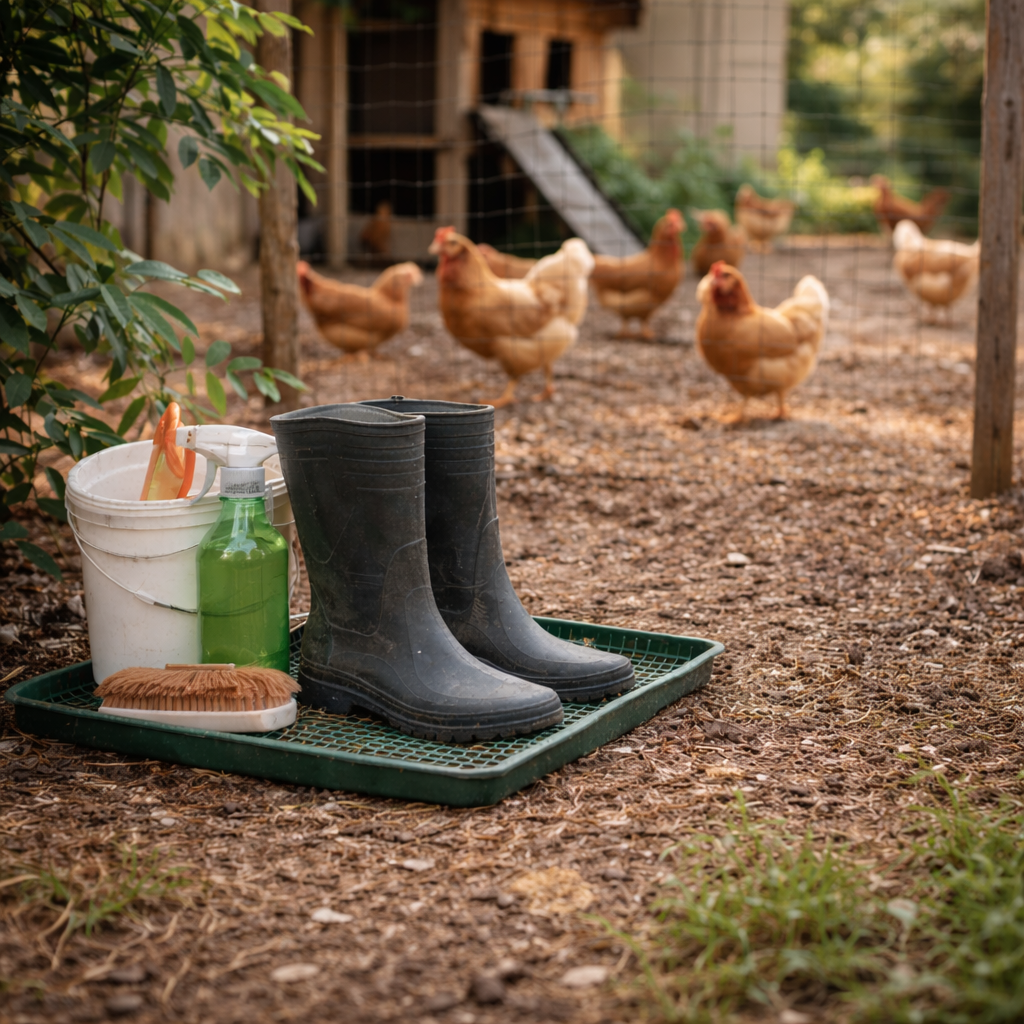 Estación de bioseguridad con botas, bandeja y desinfectante frente a gallinero de traspatio