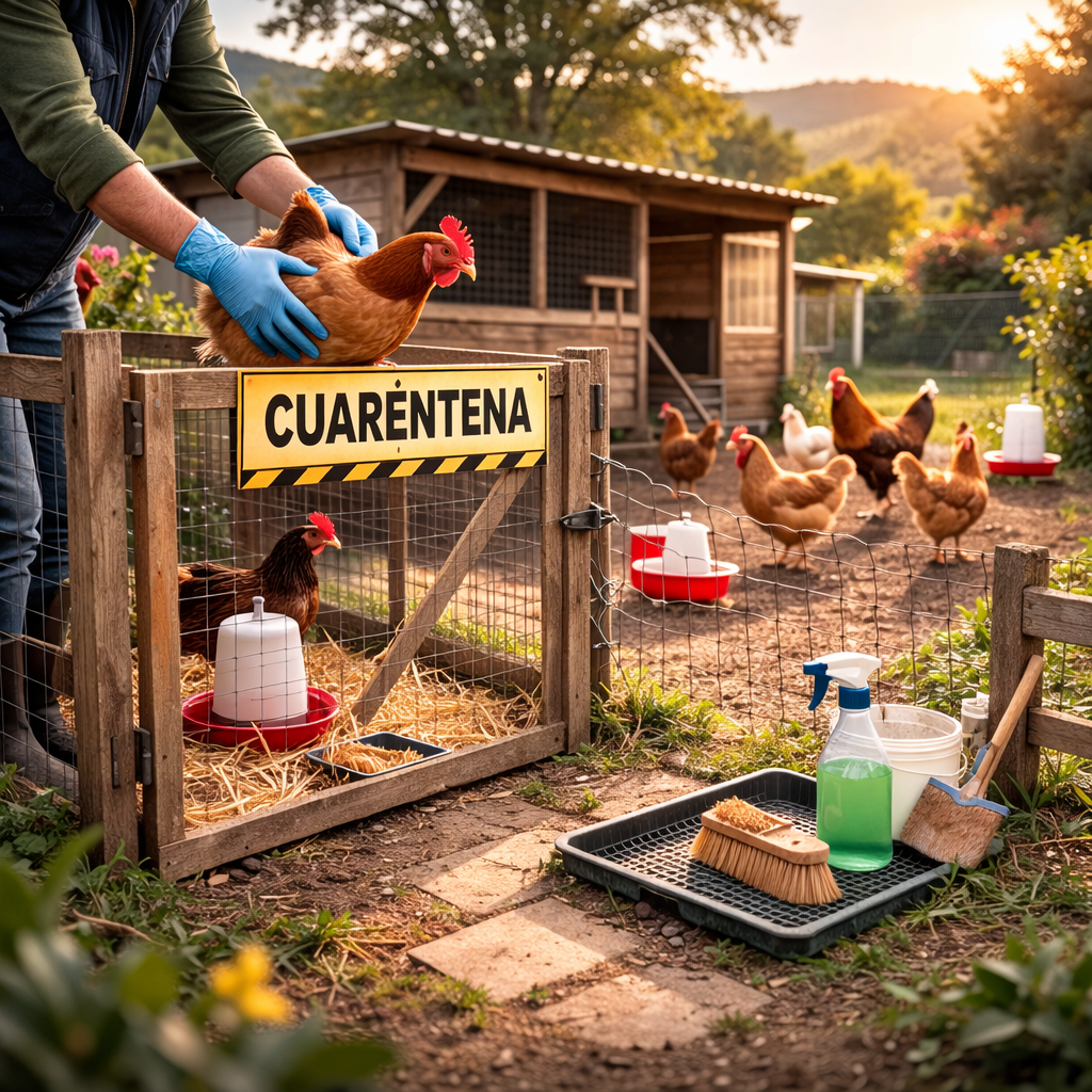 Manejo de gallina con guantes y estación de desinfección en traspatio como medida de bioseguridad