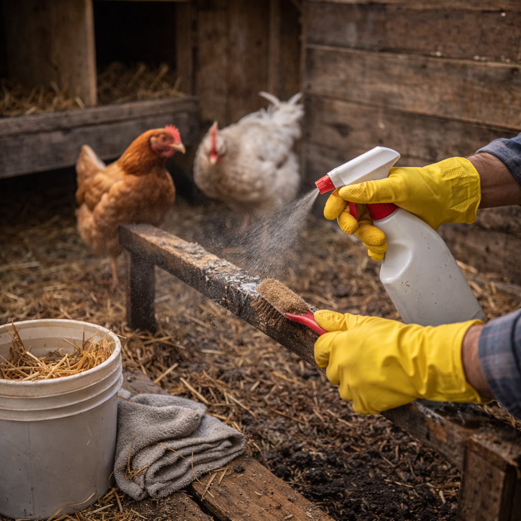 Persona limpiando y desinfectando una percha del gallinero con guantes y spray, con gallinas al fondo