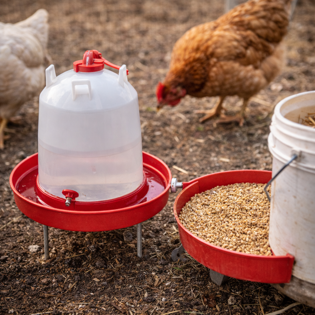 Bebedero automático y comedero para gallinas en traspatio con aves al fondo