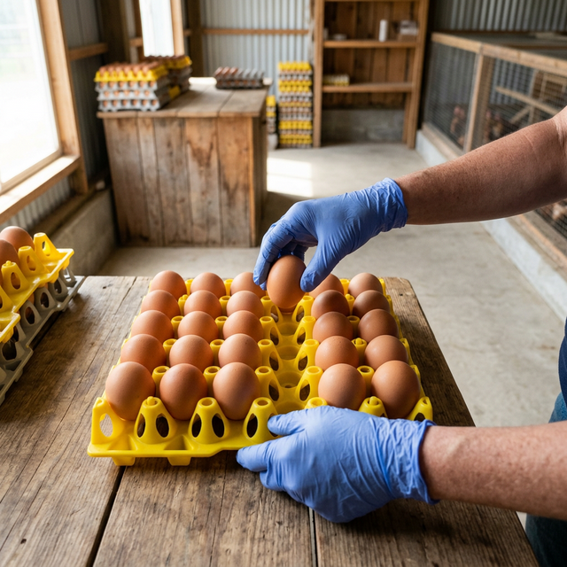 Manos bandeja amarilla huevos