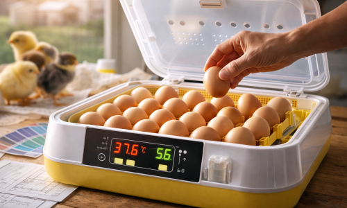 Incubadora automática con huevos fértiles y panel digital de temperatura y humedad