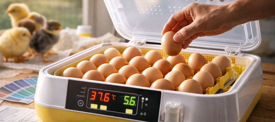 Incubadora automática con huevos fértiles y panel digital de temperatura y humedad