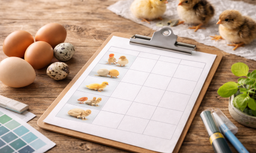 Tabla visual de incubación por especie con huevos y pollitos en mesa de trabajo