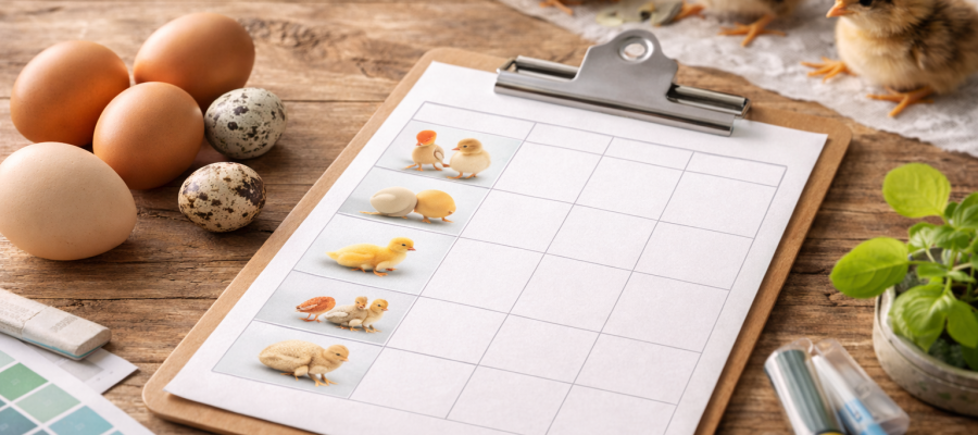 Tabla visual de incubación por especie con huevos y pollitos en mesa de trabajo