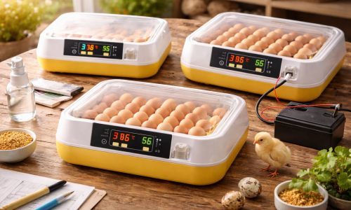 Tres incubadoras automáticas de distinta capacidad con huevos en bandejas sobre mesa de trabajo