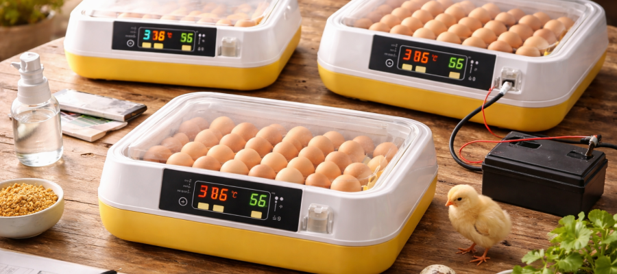 Tres incubadoras automáticas de distinta capacidad con huevos en bandejas sobre mesa de trabajo