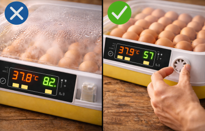 Comparación de incubadora con condensación por humedad alta y ajuste de ventilación para corregirla