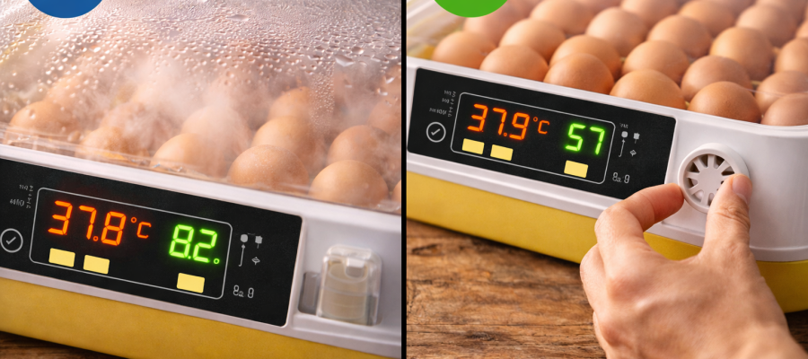 Comparación de incubadora con condensación por humedad alta y ajuste de ventilación para corregirla