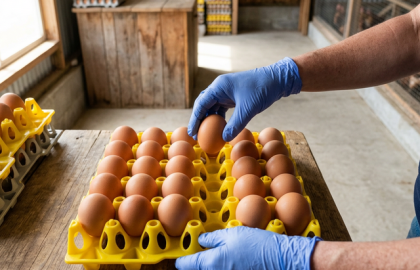 Manos bandeja amarilla huevos