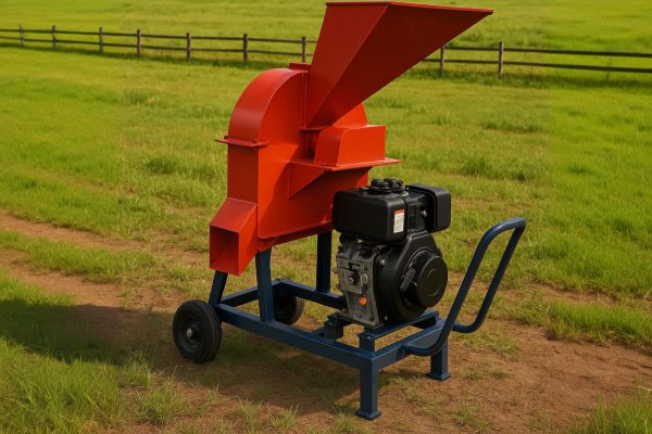 Chancador agrícola rojo con motor a combustión sobre estructura metálica azul, ubicado en una granja con pasto verde, cerca de un establo rojo y silos metálicos al fondo.