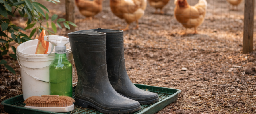 Estación de bioseguridad con botas, bandeja y desinfectante frente a gallinero de traspatio