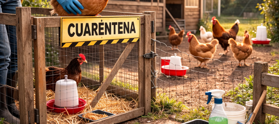 Manejo de gallina con guantes y estación de desinfección en traspatio como medida de bioseguridad