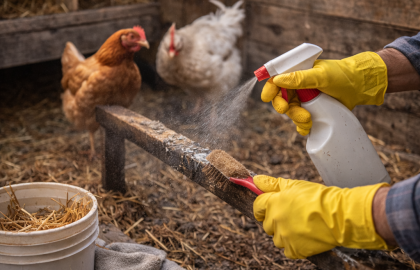 Persona limpiando y desinfectando una percha del gallinero con guantes y spray, con gallinas al fondo