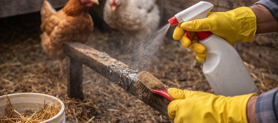 Persona limpiando y desinfectando una percha del gallinero con guantes y spray, con gallinas al fondo