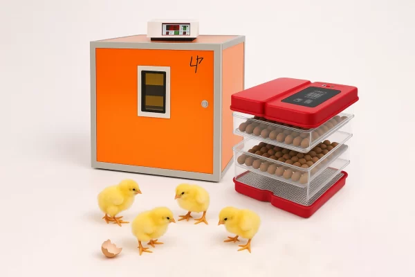 Dos incubadoras de huevos, una grande color naranja y otra compacta color rojo con bandejas transparentes llenas de huevos, junto a varios pollitos amarillos recién nacidos caminando sobre cáscaras rotas en un fondo blanco.